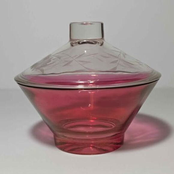 Cranberry Glass Candy Dish Etched Vintage - Picture 6 of 7
